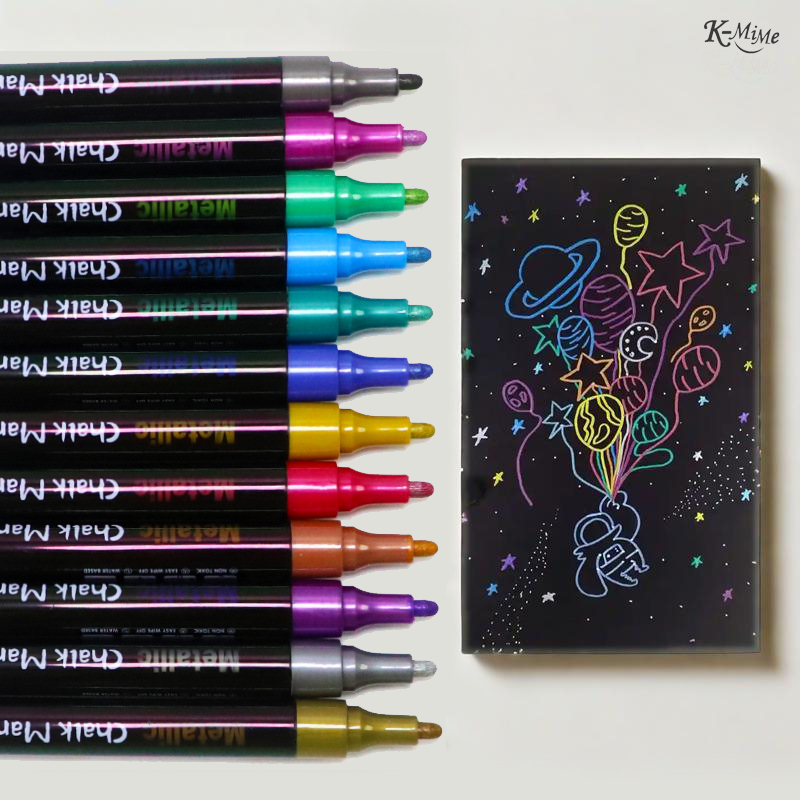 Whiteboard Marker Set - 12 Colored Removable Metallic Liquid Chalk